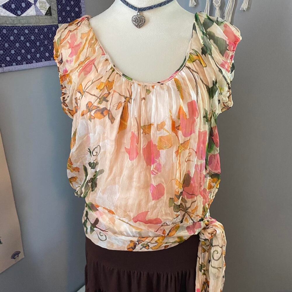 100% silk pink and green floral